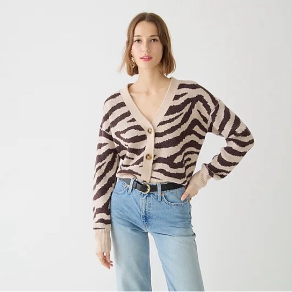 J. Crew Ribbed V-neck Wool Blend Zebra Stripe Knit Cardigan Size M Button Front